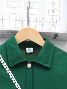 SHEIN Váy Cardigan tay phồng cổ tròn màu trơn dễ thương mùa hè kèm túi nhỏ cho bé gái - Màu xanh lá cây đậm - Xem 3
