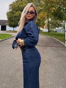 Jeta Ari 女式牛仔卫衣和裤子两件套，秋装 - 深色水洗藍 - 查看 6