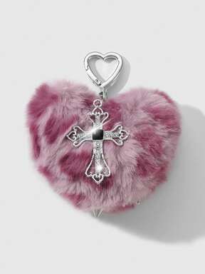 Kawaii 1pc Y2K Vintage Punk Chic High-End Faux Fur Leopard Print 3D Rivet Heart Crystal Hollow Cross DIY Keychain Bag Charm, Suitable For Women, Daily Wear, Holiday Gift