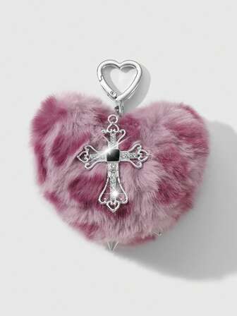 Kawaii 1pc Y2K Vintage Punk Chic High-End Faux Fur Leopard Print 3D Rivet Heart Crystal Hollow Cross DIY Keychain Bag Charm, Suitable For Women, Daily Wear, Holiday Gift
