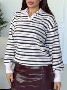 Milla Jasmine بلوزة بولو كنزة طويلة الأكمام مخططة مريحة بياقة وأزرار، ربيعية جميلة كاجوال Y2K طراز التسعينيات، الأفضل يوم الأحد، كنزة كبيرة الحجم، للمطار، الخريف، العودة إلى المدرسة، الخريف والشتاء، للاستخدام اليومي، عيد الميلاد، العمل والمكتب