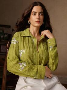 Anewsta 纯色纹理花卉刺绣落肩女式衬衫，适合秋季、冬季、新年、派对、婚礼、优雅、时尚、别致、潮流、圣诞节、节日等场合。 - 綠色 - 查看 3