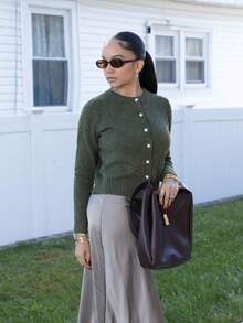 Melissa Matos Women's Minimalist Versatile Solid Color Cardigan Fall Winter Cloth For Women - Army Green - View 4