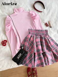 2件套 少女休闲圣诞新年红色T恤和红色格子裙 - 彩色 - 查看 2