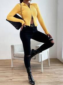 Aveloria GENKIRA Women Casual Solid Ribbed Knit Zip Front Cardigan  - Yellow - View 4