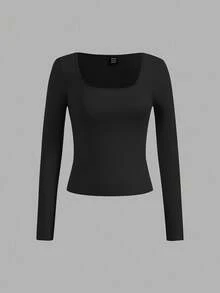 SHEIN EZwear Set de 3 camisetas de mujer de cuello cuadrado de unicolor y talla grande, negro, blanco, caqui, versátiles, adecuadas para primavera y otoño
