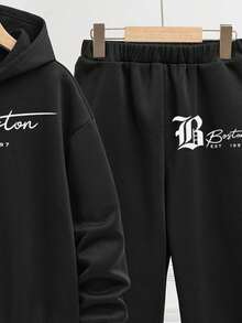 青少年男童休闲简约长袖连帽卫衣套装，适合秋冬季穿着