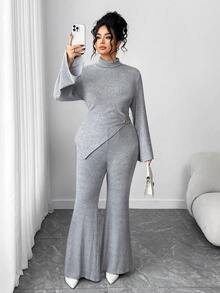 Elenzga Neues Damen Große Größen Set mit hochkrageniger gerippter Strickvelour-Bluse mit Metalldekoration und asymmetrischen Glockenärmeln sowie weiter Hose, vielseitig einsetzbar, elegant und modisch, lässig und festlich, bequem für Herbst/Winter