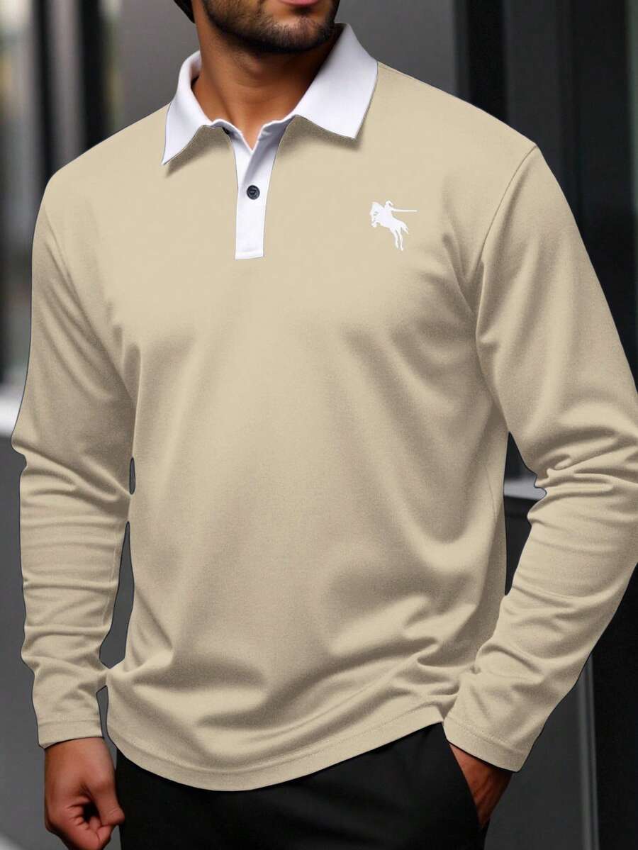 Manfinity Homme Men's Plus Size Contrast Trim Embroidered Long Sleeve Polo Shirt,Beige Autumn Casual Golf Rugby Shirts With Collar For Men - Beige - View 1