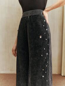 Anewsta Petite New Fashion Design Women's Asymmetrical Pearl Beaded Straight Leg Casual Sweatpants, Suitable For Festival, Winter, Autumn, Spring, Chic, Black Pants, Stylish Women's Pants - Black - View 2