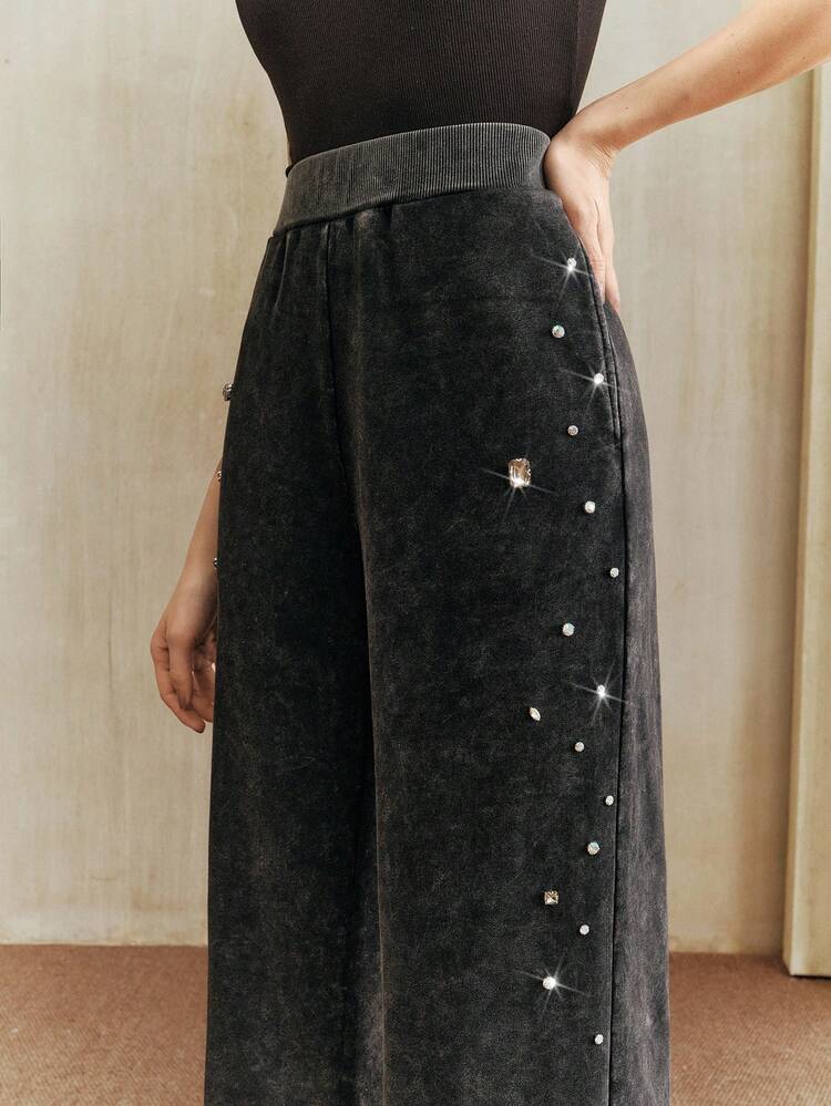 New Fashion Design Women's Asymmetrical Pearl Beaded Straight Leg Casual Sweatpants, Suitable For Festival, Winter, Autumn, Spring, Chic, Black Pants, Stylish Women's Pants