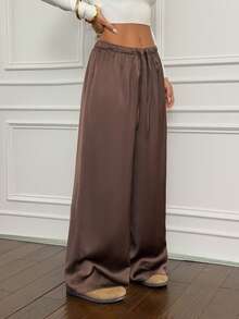 SHEIN PETITE 女式低腰休闲复古缎面百搭棕色麻灰色长裙