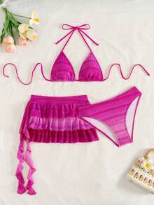 Swim SXY 女式紧身细肩带抽绳腰沙滩裙性感渐变粉色三件套泳衣 - 玫紅色 - 查看 5