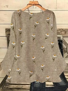 EMERY ROSE Áo sơ mi cổ tròn tay 3/4 in họa tiết hoa cúc 3D cổ điển cỡ lớn, phù hợp cho mùa thu/đông - Nhiều màu - Xem 5