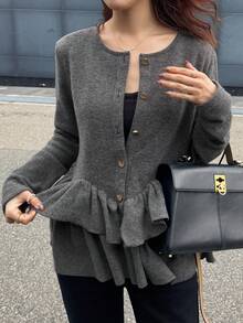 FRIFUL 女士圆领金属纽扣装饰下摆层叠荷叶边修身休闲T恤