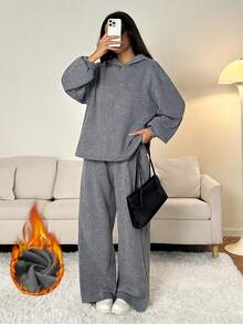 SHEIN PETITE Bộ 2 chiếc/Bộ Áo hoodie Raglan lót nhiệt cỡ lớn & Quần nỉ ống rộng, Bộ đồ hai mảnh màu xám thoải mái cho nữ Bộ đồ mặc ở nhà 2 món màu xám cho nữ Bộ đồ hai mảnh thoải mái cho nữ - Màu xám đen - Xem 3