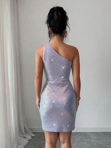 Elenzga Women's Elegant Sequin Embellished Slim Fit Bodycon Mini Dress, Suitable For Casual, Commute, Vacation, Afternoon Tea, Christmas, Luxury Party - Mauve Purple - View 2