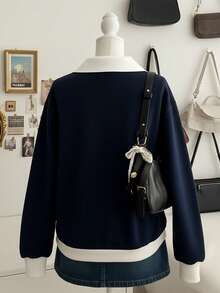 INAWLY 女士撞色字母 Polo 领长袖卫衣 - 彩色 - 查看 2