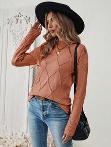 EMERY ROSE Suéter de punto con cuello alto sencillo y diseño de argyle de mujer para uso diario y casual, otoño/invierno - Rosa coral - Ver 7