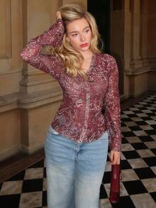 Turnttoni Áo thun in họa tiết cổ điển dành cho kỳ nghỉ của phụ nữ - Đỏ - Xem 4