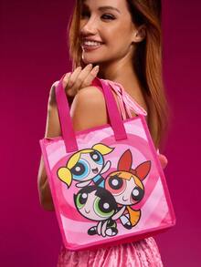 THE POWERPUFF GIRLS X SHEIN 1 Patterned Printed Insulated Lunch Bag To Keep Food Warm Or Cold, Picnic Bag, Large Capacity, Can Hold Lunch Boxes And Drinks, Suitable For Picnics, Camping, Travel, Family Use, Suitable For Families, Students, Bubbles, Blossom, Buttercup,Gift Ideas - Pink - View 3