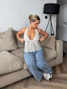 Bethéva 波尔卡圆点V领挂脖女式背心，优雅春夏风格 - 杏色 - 查看 6