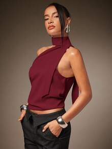 Hauture Blusa holgada con un hombro, cuello con pañuelo y pliegues, estilo básico y sexy para el verano - Rojo - Ver 5