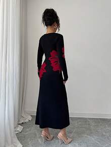 Elenzga 方领提花针织紧身腰毛衣连衣裙 - 酒紅色 - 查看 2