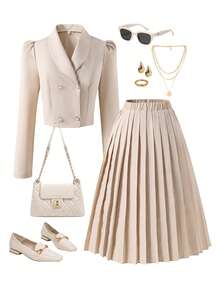 SHEIN 2 件青少年女孩翻领长袖双排扣短款西装外套 + 松紧腰褶皱迷你裙套装，休闲通勤时尚装，秋季 - 杏色 - 查看 6