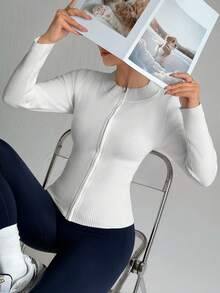 SHEIN Dewbera 女士纯色简约日常长袖修身立领毛衣 - 白色 - 查看 6