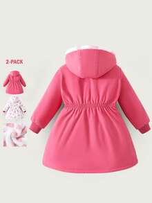 少女休闲可爱纯色梭织收腰连帽长袖双面穿羊羔绒保暖外套，秋冬季 - 粉色 - 查看 8