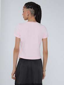 COUREZ Áo thun tay ngắn in khẩu hiệu, kiểu dáng ngắn, thích hợp cho tiệc mùa xuân phong cách Y2K, áo thun nữ thời trang đường phố, áo hồng gợi cảm, áo thun hồng mùa hè. - Hồng - Xem 3