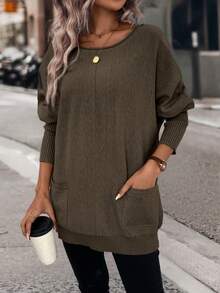 EMERY ROSE Fashionable Versatile Solid Color Batwing Sleeve Double Pocket Sweater