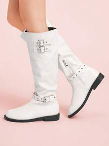CUCCOO DOLLMOD 女式中筒靴，圆头金属扣，时尚经典百搭 - 白色 - 查看 5