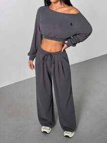 SHEIN PETITE Women's New Solid Color Crew Neck Drop Shoulder Long Sleeve Hoodie And Sweatpants Casual Loose Suit Grey Two Pieces Set ,Petite Women - Dark Grey - View 9