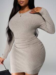 SHEIN PETITE CURVE Plus Size Long Sleeve Ruched Waist Elegant Ribbed Short Dress For Women/Christmas Dress - Black - View 4