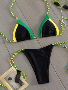 Swim SXY Damen sexy Urlaubs-Lässig Kontrast-Farbe Twist-Seil Neckholder Bikini-Set mit einfarbigen Binde-Schwimm-Hosen, 2 Stücke Badeanzug