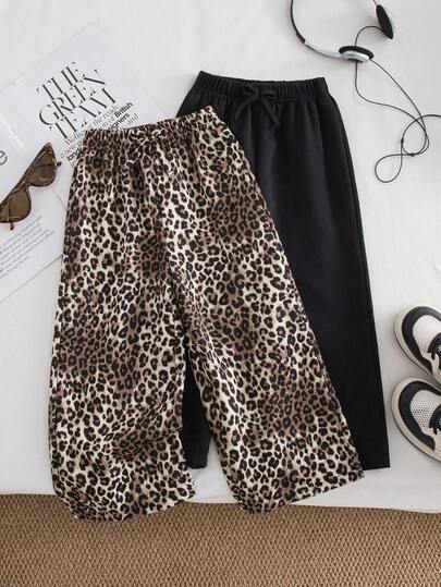 Genkimix Kids Set de 2 pantalones rectos sueltos con decoración de lazo, estampado de leopardo + negro, adecuado para uso diario en otoño, para niña de moda casual