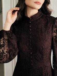 Anewsta Women's Elegant Solid Color Lace Dress, Autumn - Brown - View 5