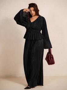 Elaquor Plus Size Elegant Commuter Solid Color Flare Sleeve Top And Pants Set - Black - View 1