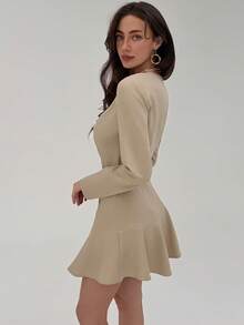 Aloruh Women's Elegant Long-Sleeved V-Neck Mini Dress,Khaki Autumn Solid Color Pleated Waist A-Line Party Dress,Wedding Guest Dinner Date Commute - Grey - View 8