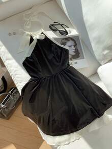 Comfortcana 女士撞色打结领优雅迷你连衣裙 - 黑色 - 查看 3