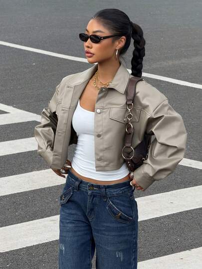 SHEIN EZwear Casual Solid Color Short PU Leather Long Sleeve Women Jackets In Fall/Winter