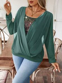 EMERY ROSE 大码亮片拼接裹身T恤图案女式上衣 - 綠色 - 查看 3