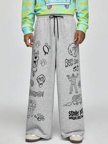 SCOOBY-DOO X SHEIN Men's Casual Sports Letter & Cartoon Graphic Drawstring Waist Wide Leg Sweatpants - Grey - View 3