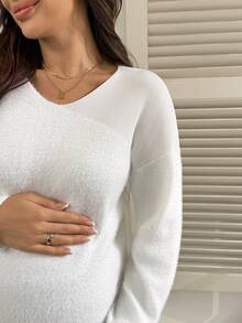 SHEIN 孕妇毛衣，宽松版型，小V领，肩部仿毛皮设计，休闲日常穿着，秋冬季长袖套头孕妇毛衣