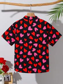 SHEIN Tween Boy Casual Loose Heart Pattern Polo Collar Short Sleeve Shirt, Suitable For Commuting, School, Daily Casual Wear, Sports, Spring/Summer - Black - View 3