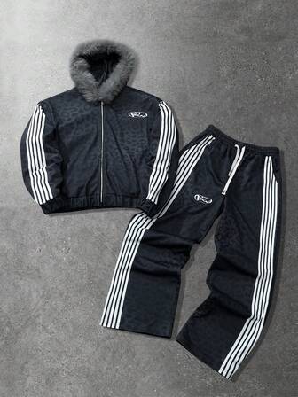 Street Life 2 pièces Ensemble de sweat-shirt à capuche texturé imprimé léopard pour hommes, style de rue américain décontracté, survêtement unisexe pour l'automne/l'hiver