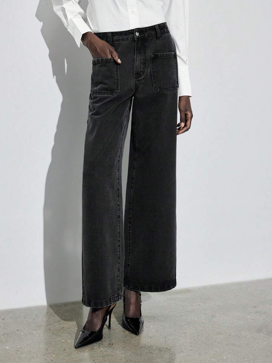 Maija Quần jeans ống rộng dáng rộng có túi thời trang thu đông dành cho nữ, quần ống rộng đi làm thường ngày, màu đen