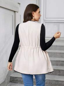 Modelyn Chaqueta sin mangas con cintura con cordón y ribete de color block, talla grande, para otoño/invierno - Albaricoque - Ver 2